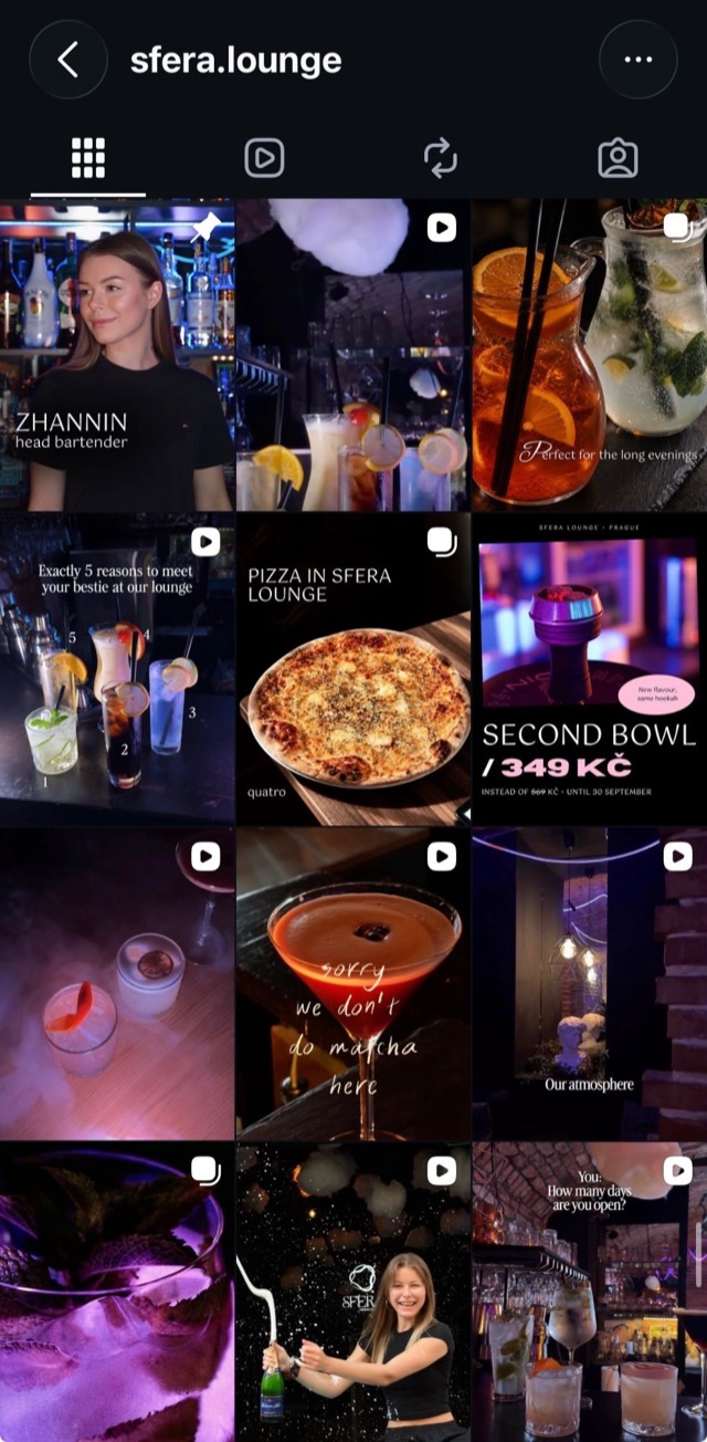 Sfera Lounge Instagram feed: cocktails and Reels
